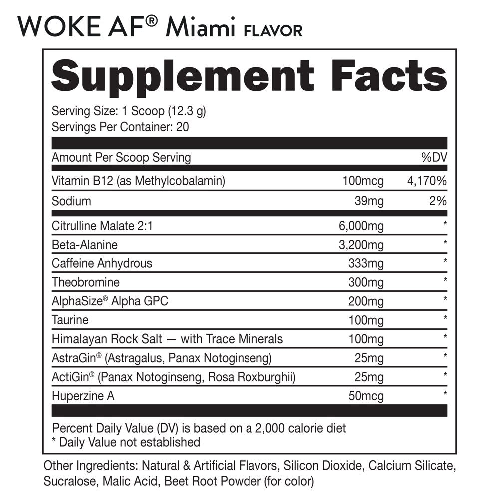 Woke AF Pre-Workout Powder, Increased Energy, Miami, 333Mg Caffeine, 20 Servings