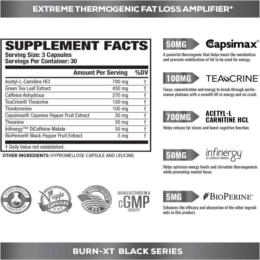 Burn XT Black Thermogenic Fat Burner - Weight Loss Supplement, Appetite Suppressant, Nootropic Energy Booster - 90 Veg Diet Pills