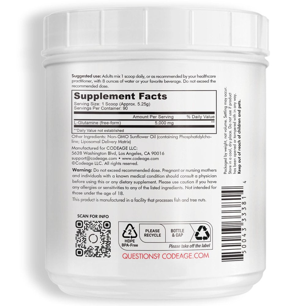 Liposomal L-Glutamine Powder 5000Mg, Free-Form Amino Acid, Performance Muscles Support, 1Lb