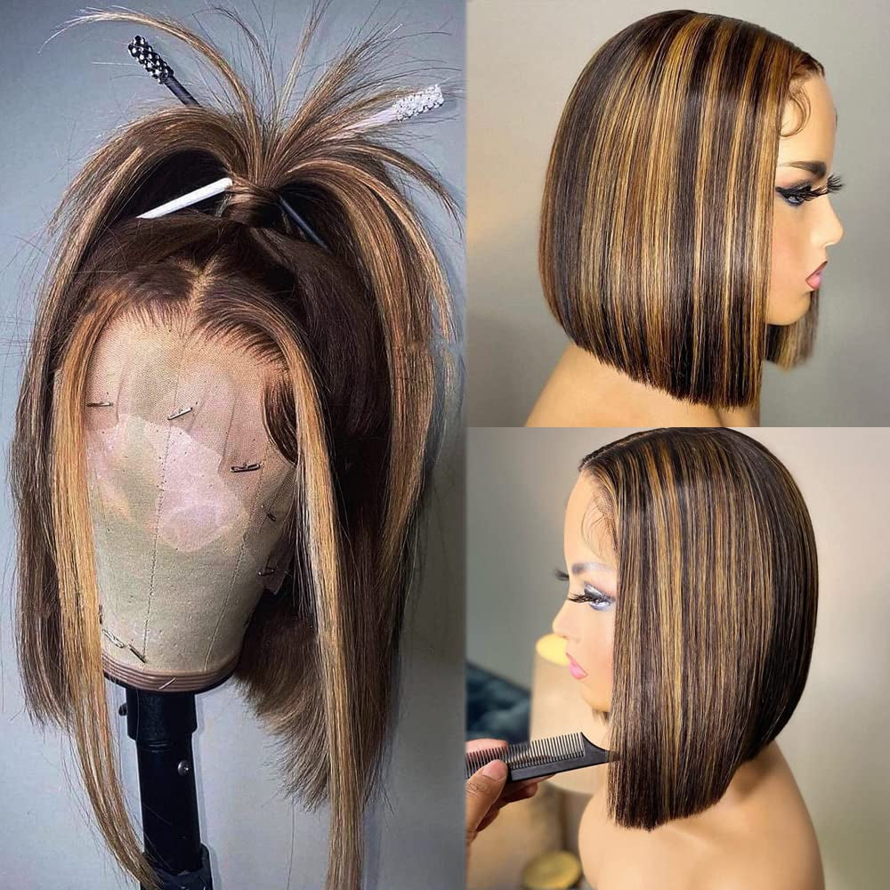 Highlight Bob Wigs T Part 13X1X4 Lace Front Wigs Brazilian Virgin Hair with Baby Hair Ombre Human Hair Wigs Pre Plucked Silky Straight Middle Part 180% Density for Black Women