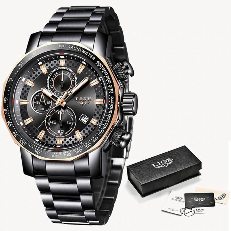 New LIGE Men Watches Waterproof Date Brand Clock Luxury Large Dial Watch for Men Chronograph Stainless Steel Quartz Wrist Watch