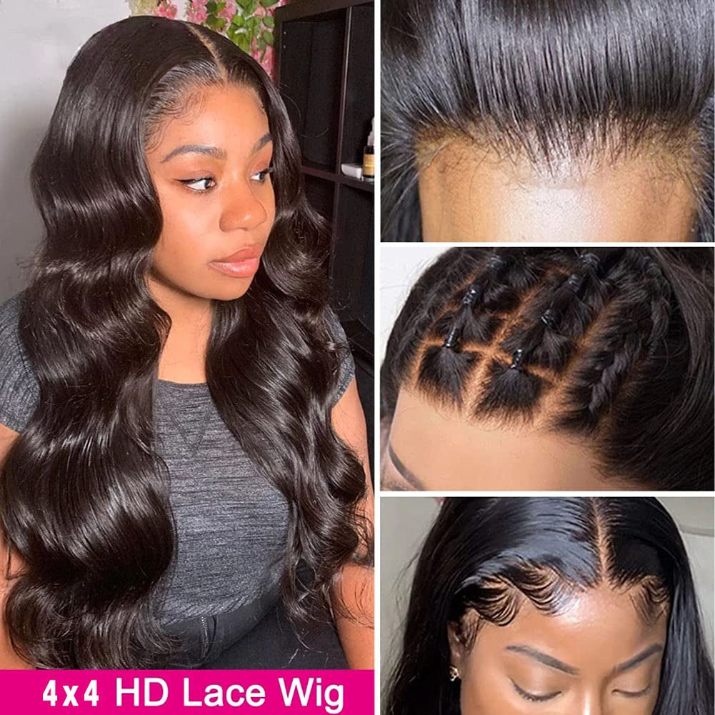 HD Body Wave Human Hair Lace Front Wigs Pre Plucked 180% Density Brazilian Virgin 4X4 Lace Closure Wigs Human Hair Natural Hairline Wigs for Black Women