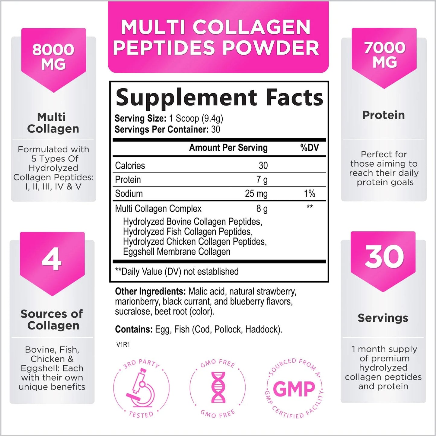 Multi Collagen Peptides Powder - Hydrolyzed Collagen Protein Grass Fed, Hair, Skin, Nails & Joint Support, Keto, Paleo, Non-Gmo, Type I, II, III, IV & V, Collagen for Women - 30 Servings