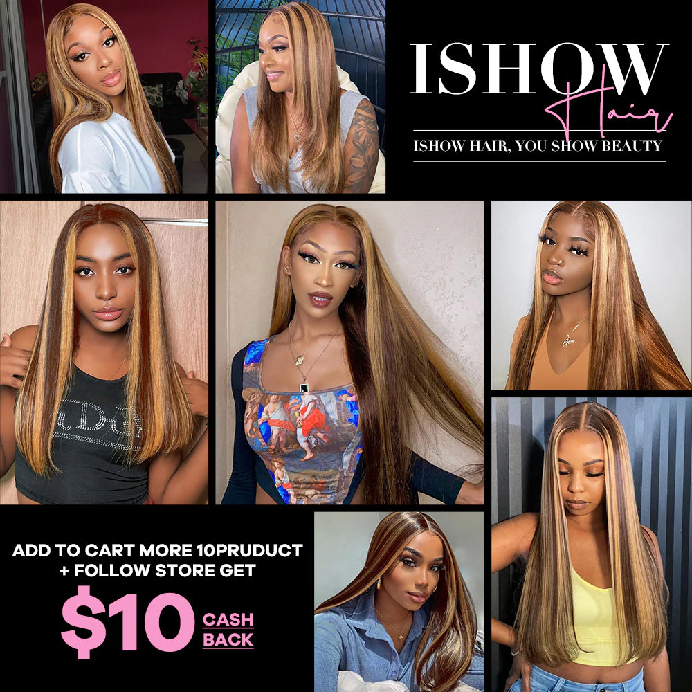 Ishow Glueless Highlight Wig Human Hair 13X4 HD Straight Lace Front Human Hair Wigs 4/27 Colored Brazilian Hair Wigs for Women