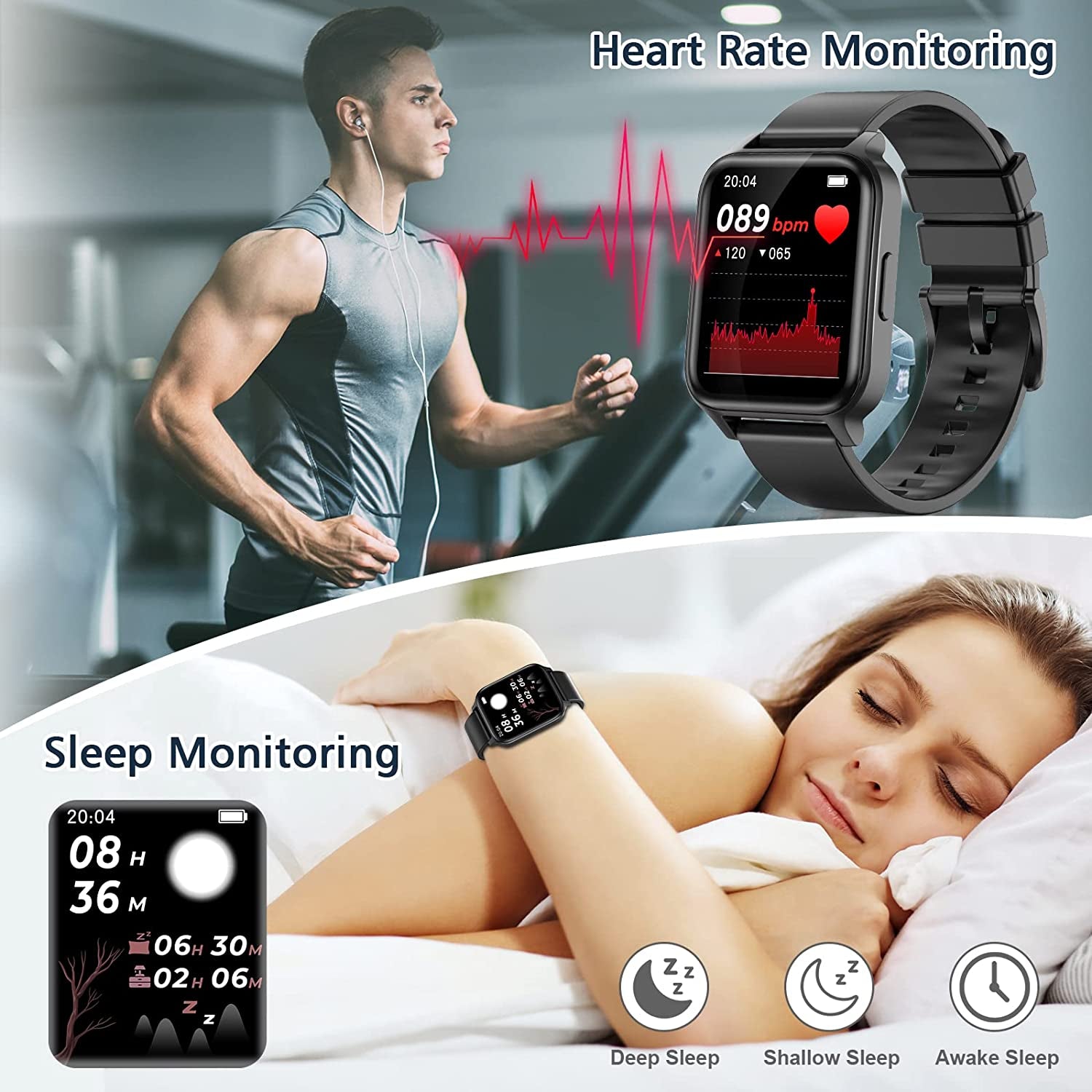 Smart Watch for Android Phones 1.69" Touch Screen Smart Watches for Women Men  Smartwatch Fitness Watches with Heart Rate Monitor Sleep Tracker Calorie Pedometer Sports Activity Fitness Tracker