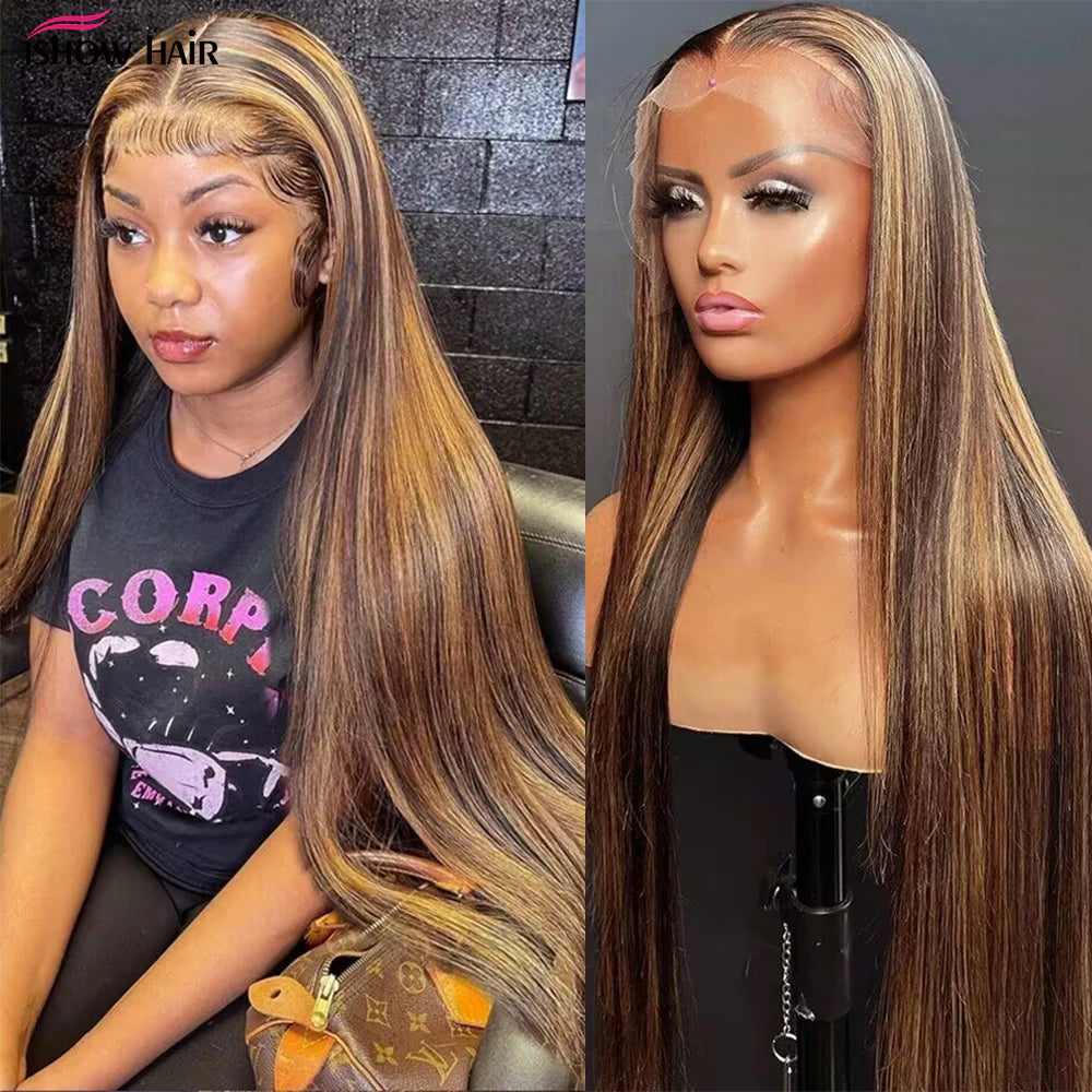 Ishow Glueless Highlight Wig Human Hair 13X4 HD Straight Lace Front Human Hair Wigs 4/27 Colored Brazilian Hair Wigs for Women