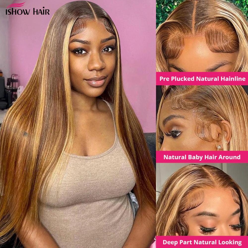 Ishow Glueless Highlight Wig Human Hair 13X4 HD Straight Lace Front Human Hair Wigs 4/27 Colored Brazilian Hair Wigs for Women