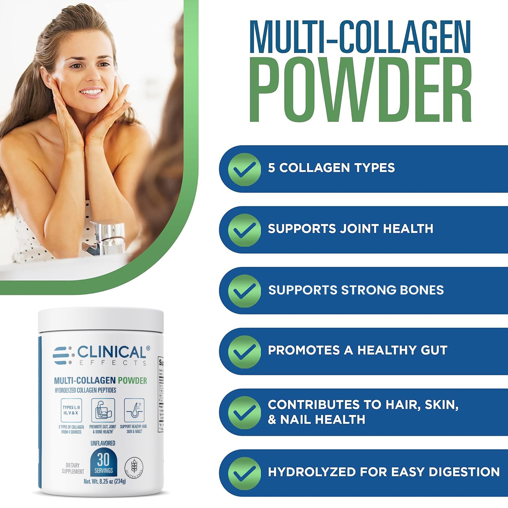 Multi-Collagen Powder - Collagen Dietary Supplement - 8Oz - 30 Servings - 5 Types of Quality-Sourced Multi-Collagen to Support Joint, Bone, Skin and Nail Health - Fast Absorption