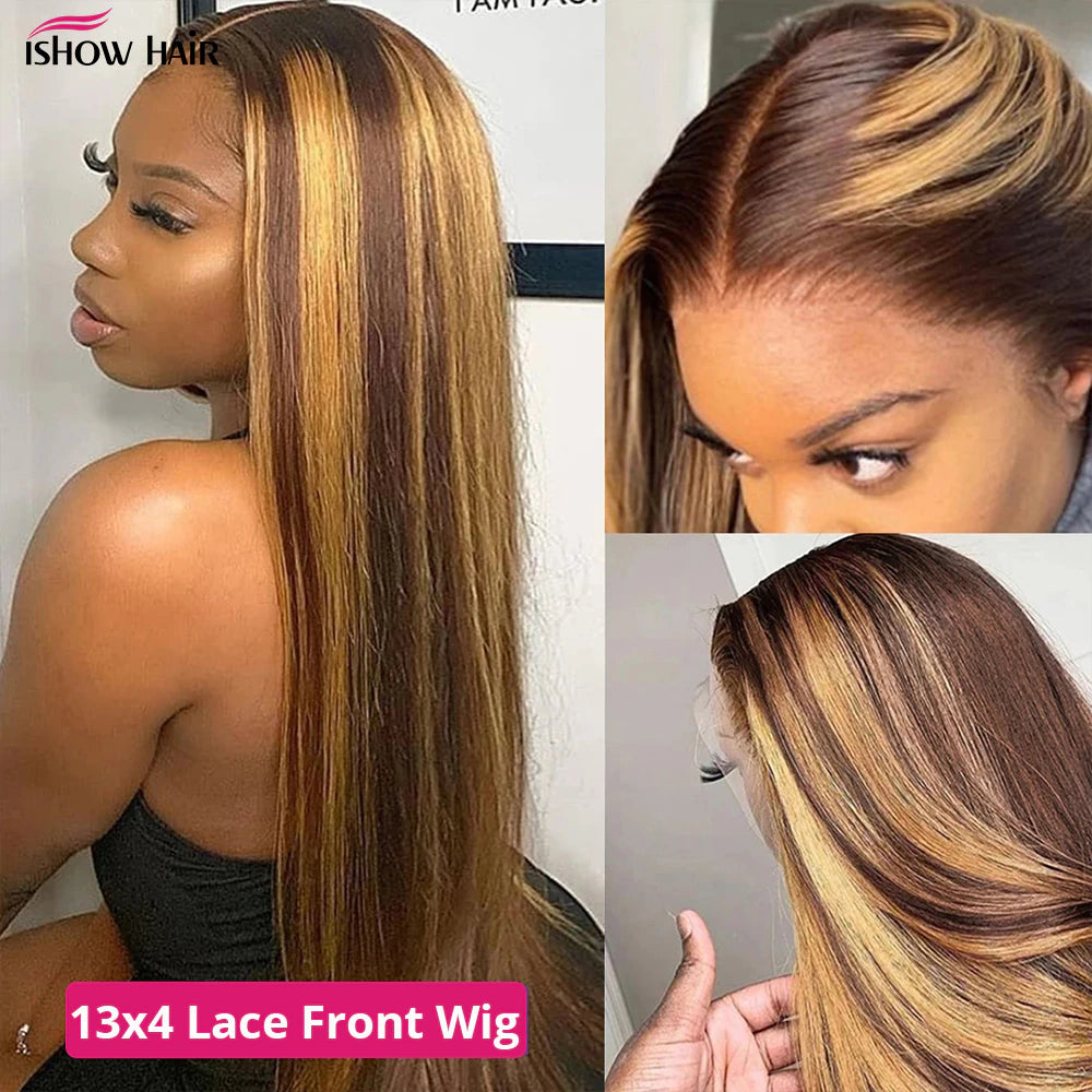 Ishow Glueless Highlight Wig Human Hair 13X4 HD Straight Lace Front Human Hair Wigs 4/27 Colored Brazilian Hair Wigs for Women