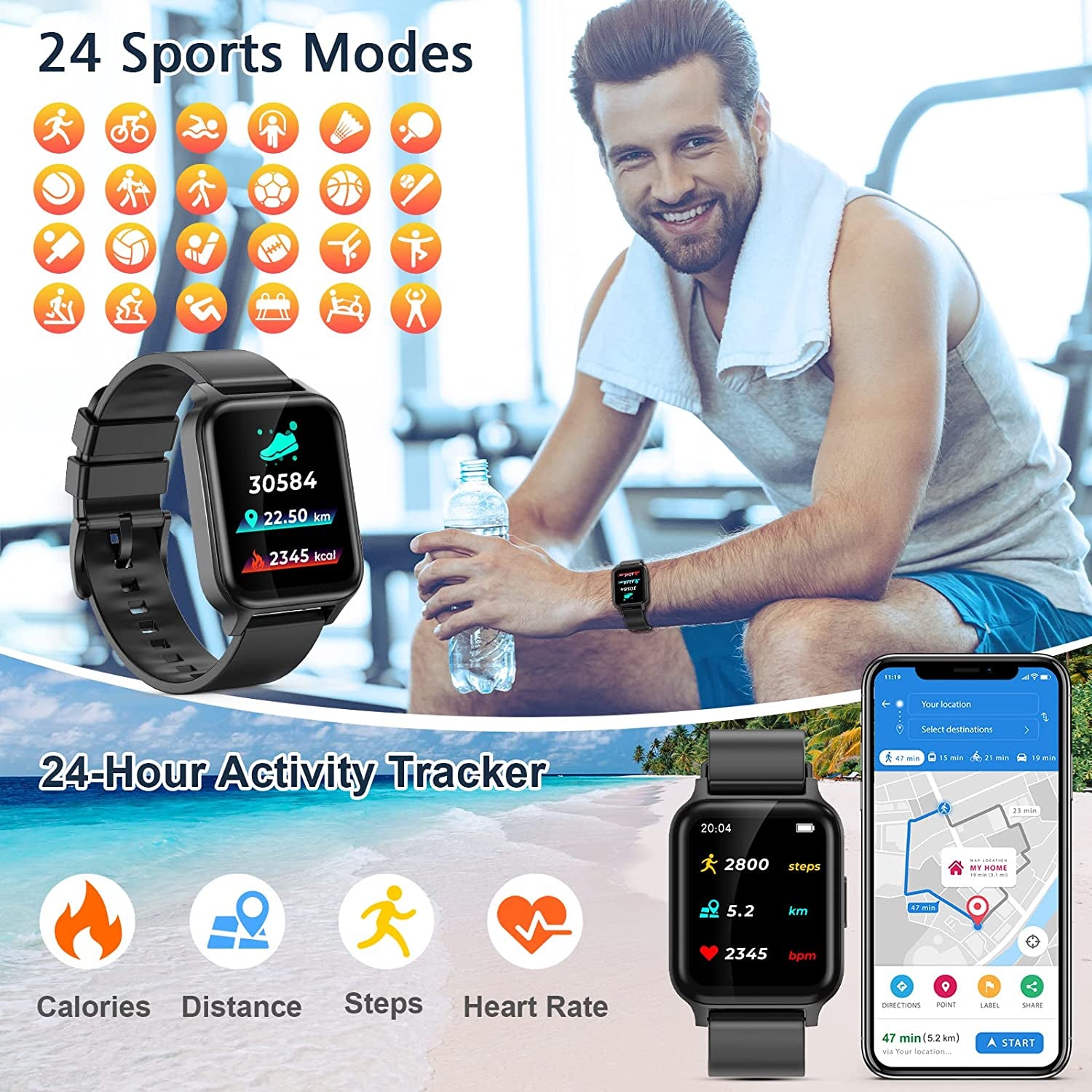 Smart Watch for Android Phones 1.69" Touch Screen Smart Watches for Women Men  Smartwatch Fitness Watches with Heart Rate Monitor Sleep Tracker Calorie Pedometer Sports Activity Fitness Tracker