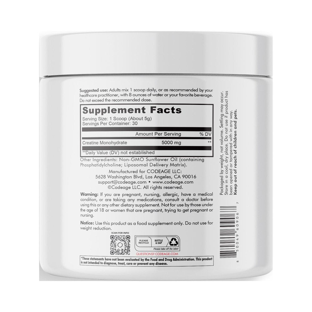 Liposomal Creatine Monohydrate Powder Supplement, Unflavored, 1-Month Supply, 30 Servings