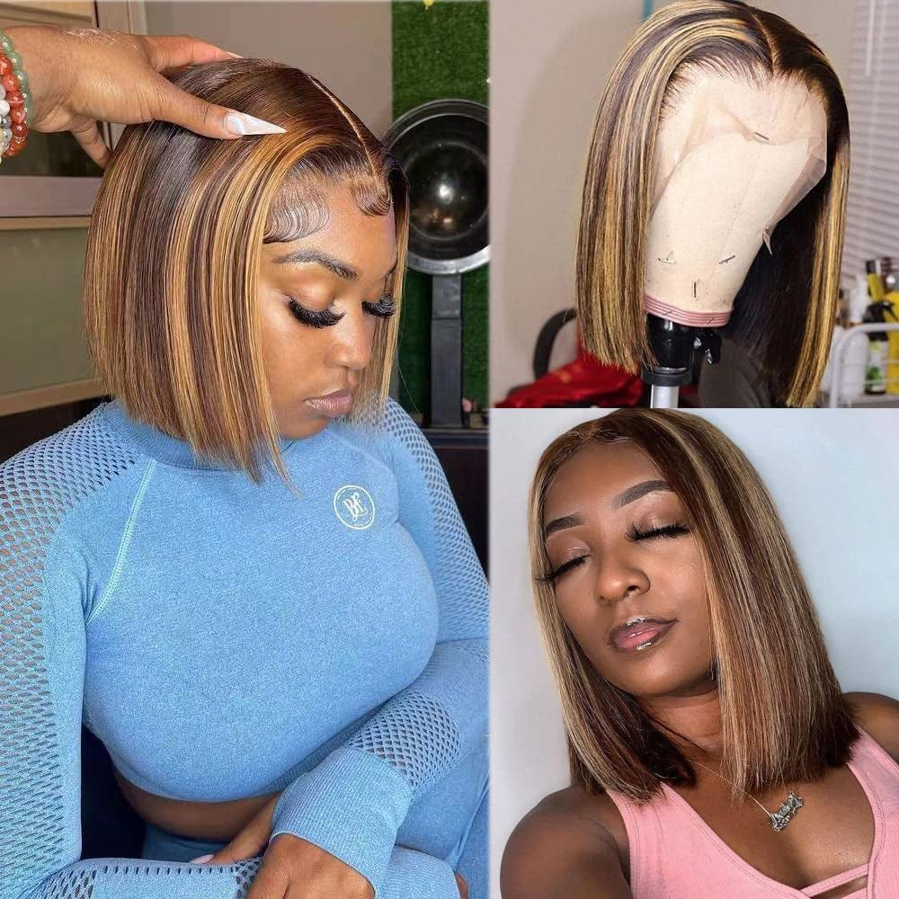 Highlight Bob Wigs T Part 13X1X4 Lace Front Wigs Brazilian Virgin Hair with Baby Hair Ombre Human Hair Wigs Pre Plucked Silky Straight Middle Part 180% Density for Black Women