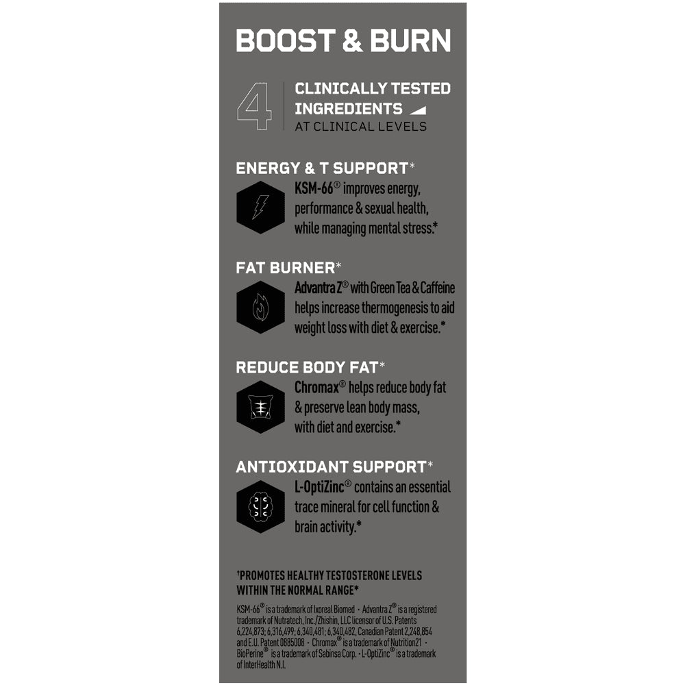 Boost and Burn Testosterone Booster and Fat Burner for Men, Natural Energy, Strength, Stress Relief, Lean Muscle with Zinc, KSM-66 Ashwagandha, Cordyceps, Advantra Z, Chromax, 60 Capsules