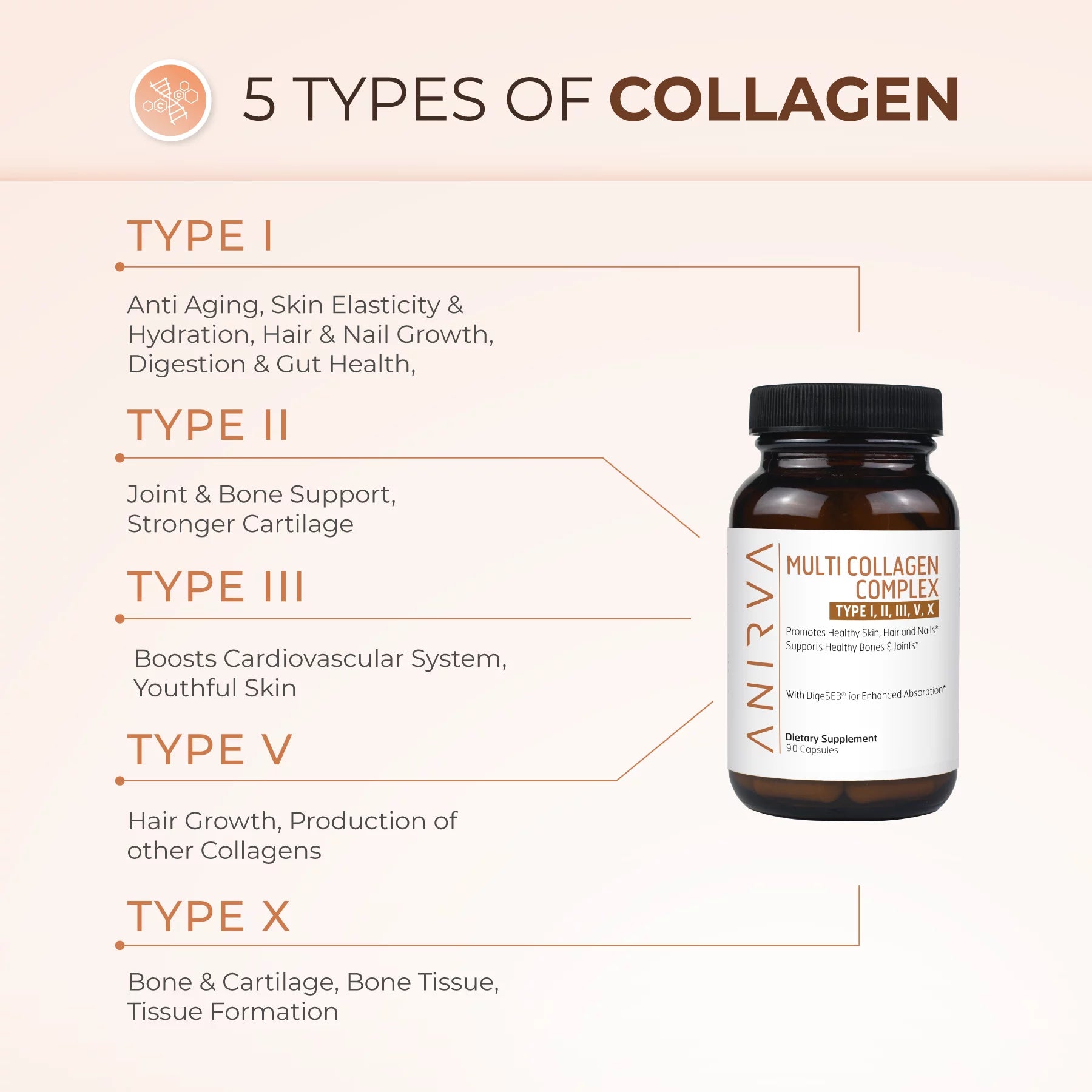 Multi Collagen Complex - Type I, II, III, V, X - Collagen Supplement for Anti-Aging, Healthy Joints, Hair, Skin & Nails