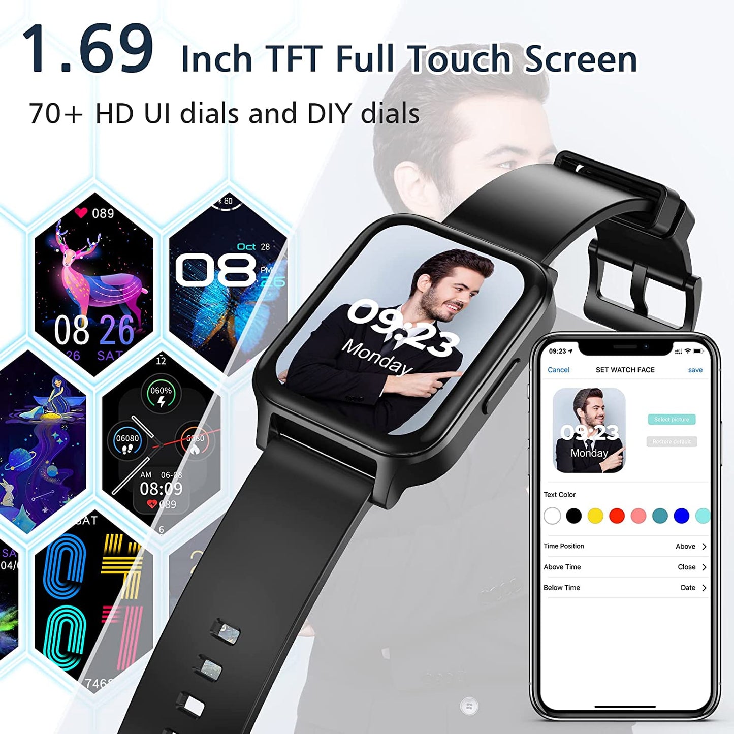 Smart Watch for Android Phones 1.69" Touch Screen Smart Watches for Women Men  Smartwatch Fitness Watches with Heart Rate Monitor Sleep Tracker Calorie Pedometer Sports Activity Fitness Tracker