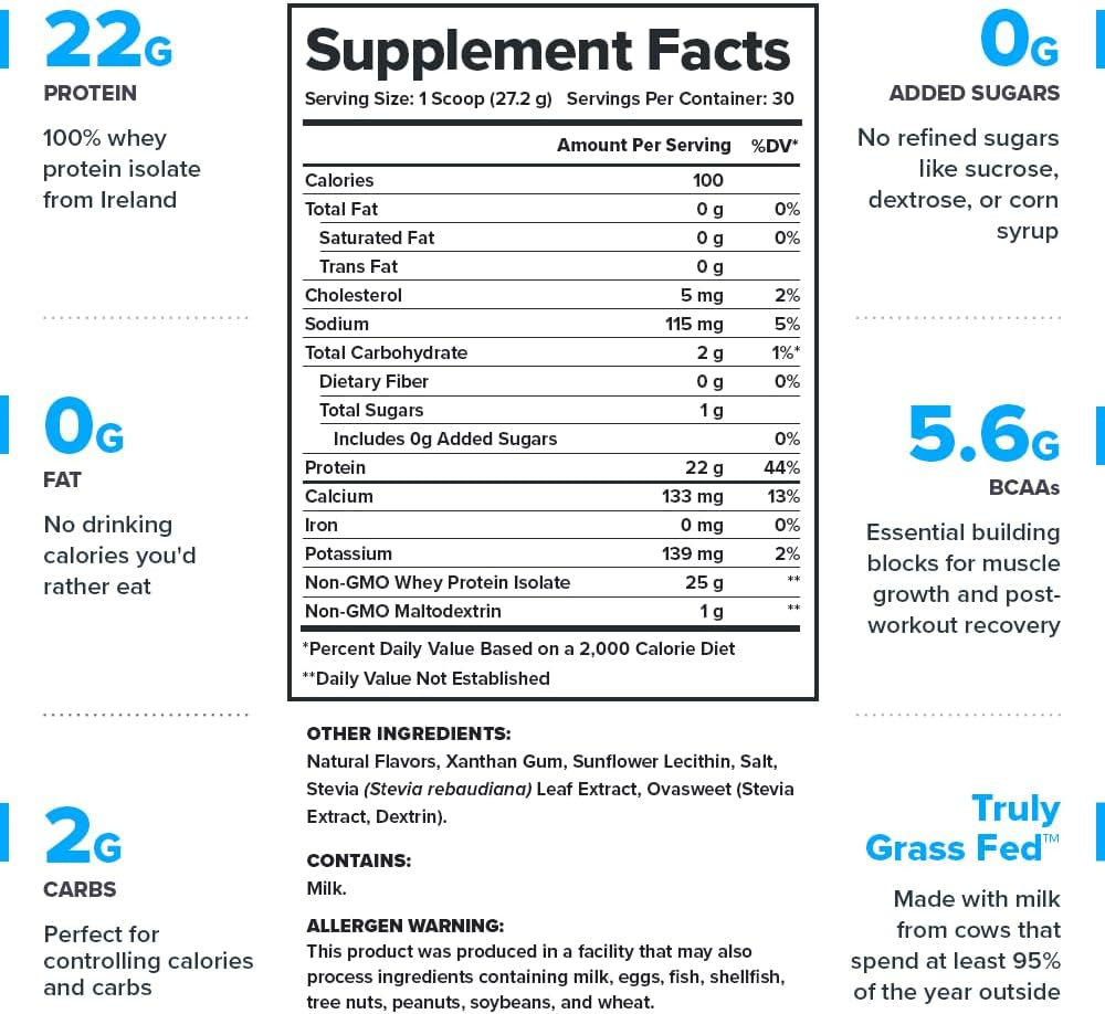 Whey+ Vanilla Whey Isolate Protein Powder from Grass Fed Cows - Low Carb, Non-Gmo, Lactose Free, All Natural Whey Protein Isolate, 30 Servings