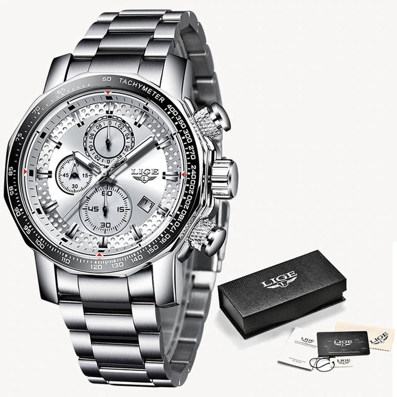 New LIGE Men Watches Waterproof Date Brand Clock Luxury Large Dial Watch for Men Chronograph Stainless Steel Quartz Wrist Watch