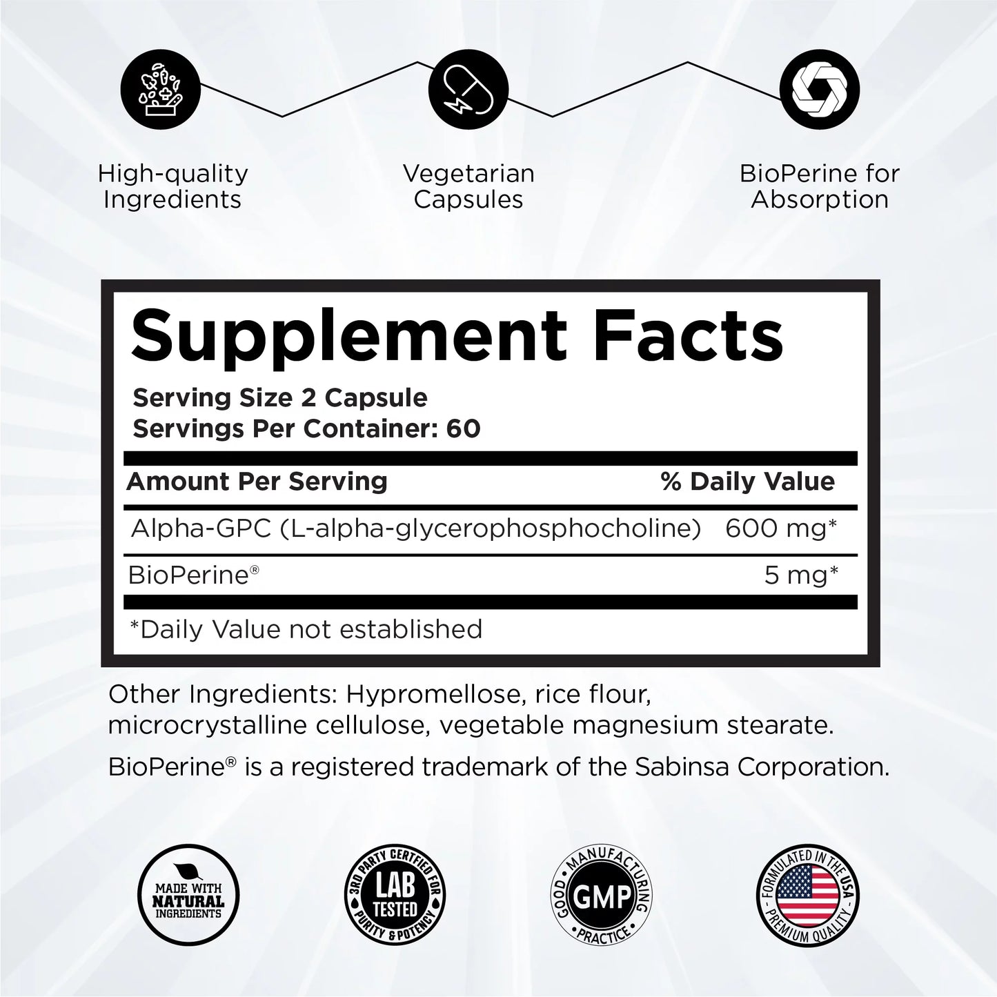 Alpha GPC Choline Supplements - 120 Hyper Absorb Capsules - Nootropics Brain Support Supplement