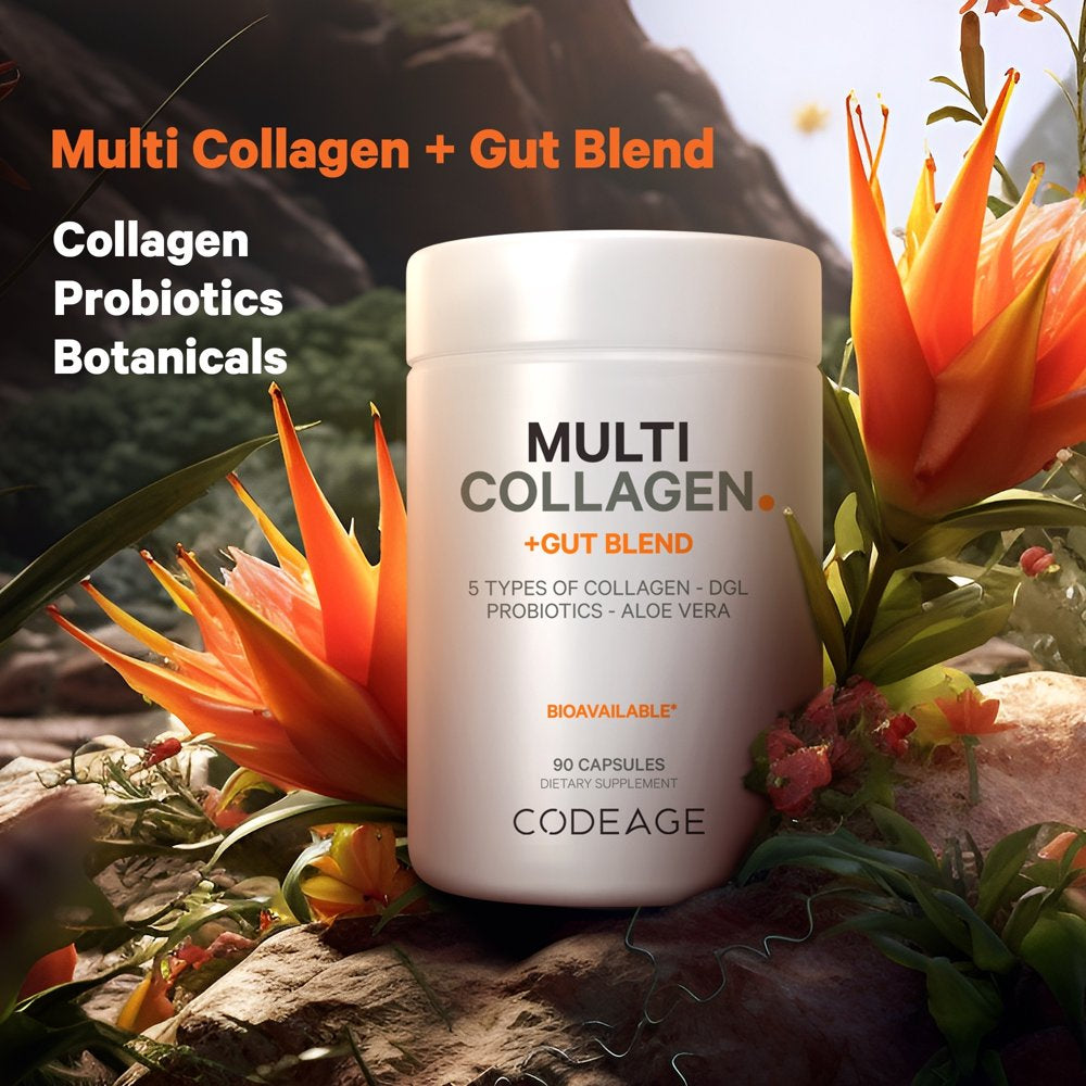 Multi Collagen Capsules + Gut Health Blend, Digestion Probiotics, Collagen 5 Types, Botanicals, 90 Ct