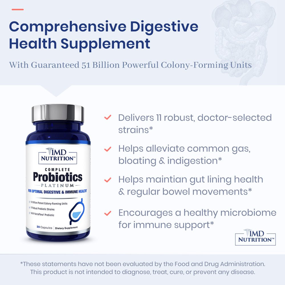 Nutrition Complete Probiotics Platinum | Supports Digestive Health | with Nourishing Prebiotics, 51 Billion Live CFU, 11 Strains, Dairy-Free | 30 Vegetable Capsules