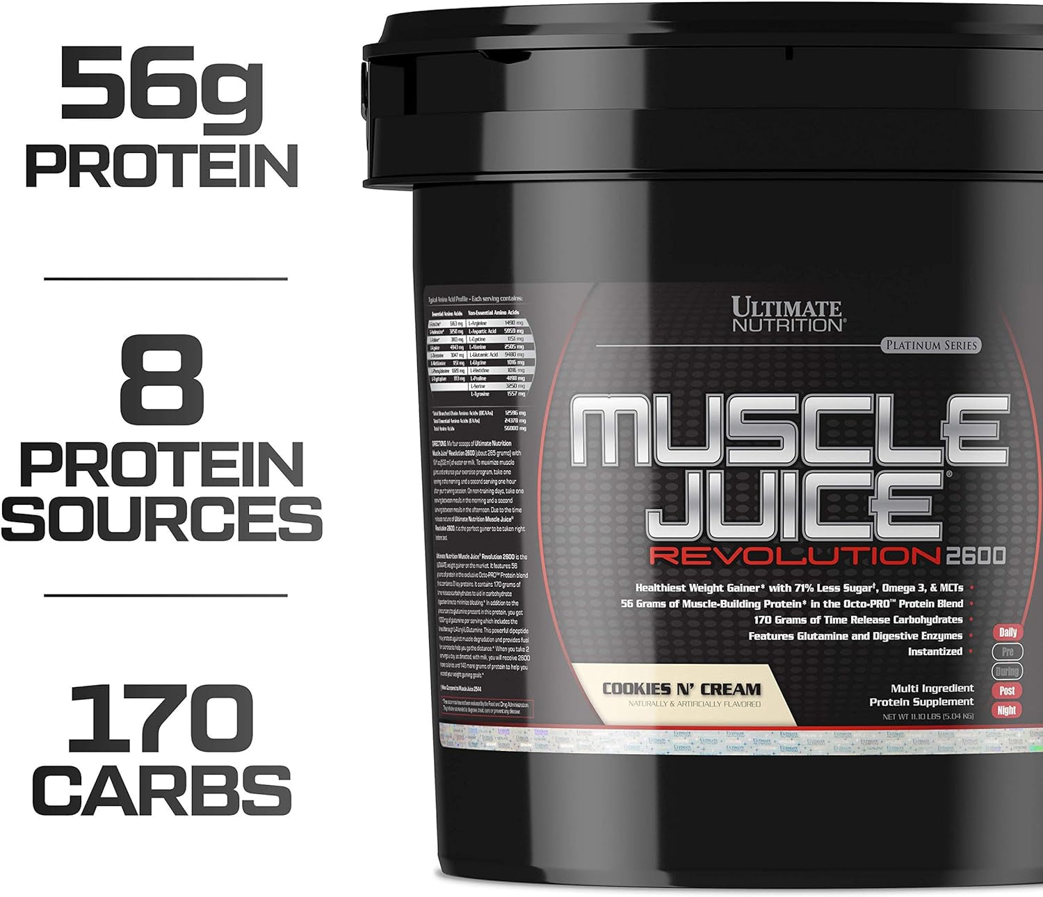 Muscle Juice Revolution 2600 Weight Gainer, Muscle Recovery with Glutamine, Micellar Casein and Time Release Complex Carbohydrates, Cookies N Cream Powder, 11.1 Pounds