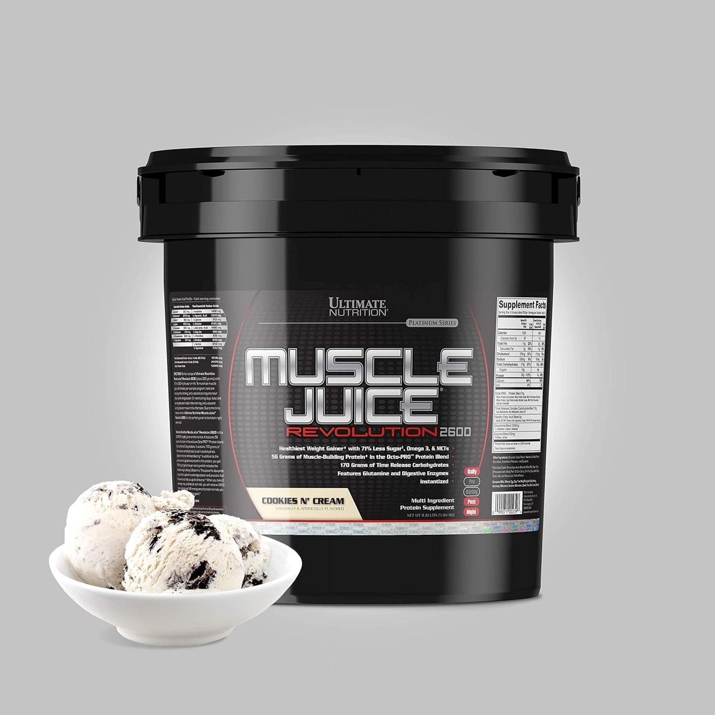 Muscle Juice Revolution 2600 Weight Gainer, Muscle Recovery with Glutamine, Micellar Casein and Time Release Complex Carbohydrates, Cookies N Cream Powder, 11.1 Pounds