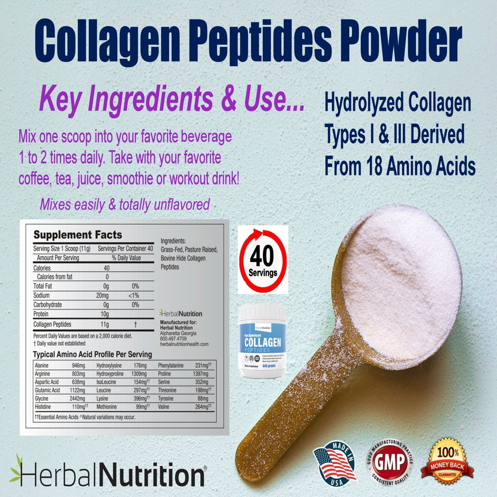 Collagen Peptides Powder Contains Vital Proteins for Skin Hair Nails and Joint Health, Non GMO Gluten Free 40 Servings