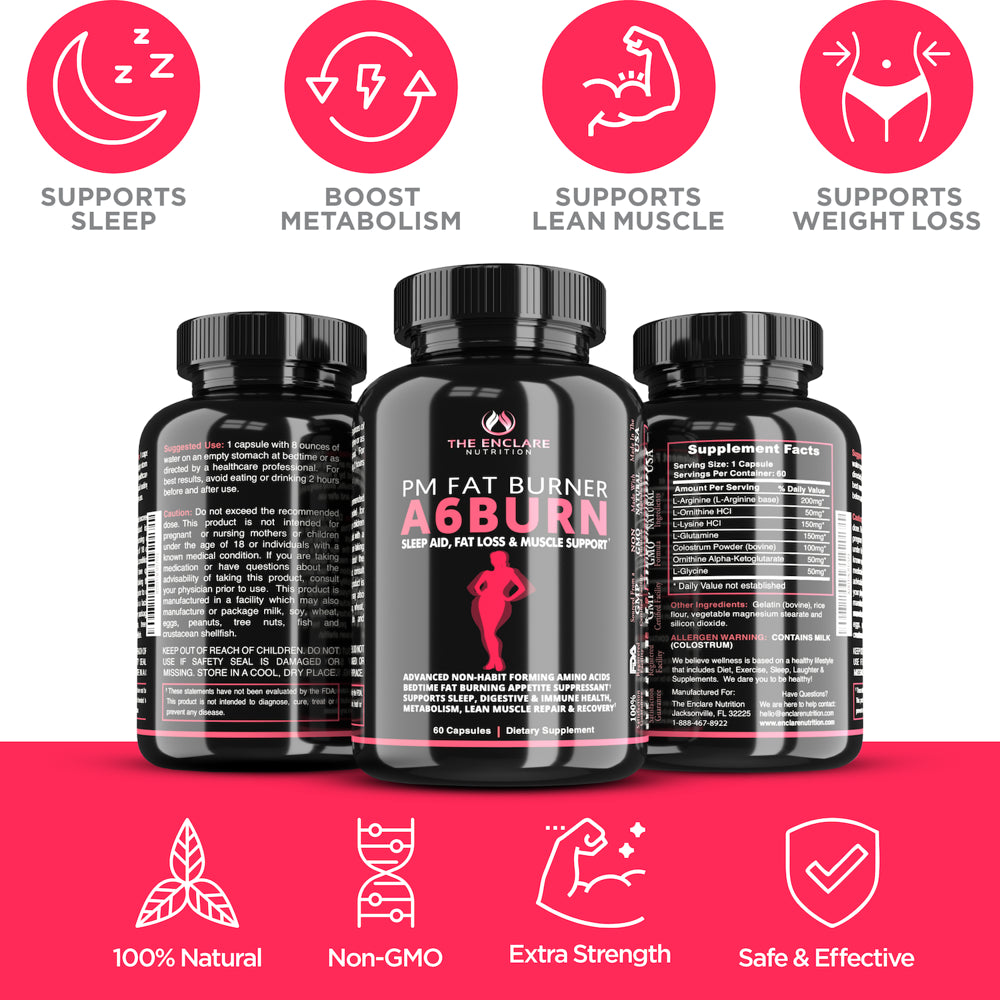 Appetite Suppressant for Weight Loss Men or Women, Bovine Colostrum, 60 Capsules, Night Time Fat Burner and Sleep Aid, Metabolism Booster, Amino Acid A6Burn Diet Pills, Support Lean Muscle