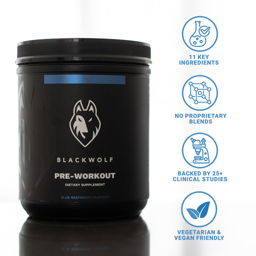 Blackwolf Pre Workout Powder Blue Raspberry, Caffeine, L-Citrulline & Amino Acids, 22 Servings