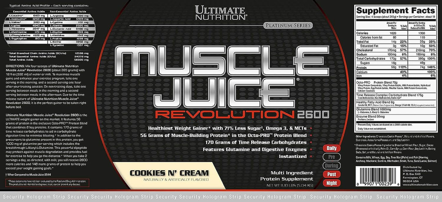 Muscle Juice Revolution 2600 Weight Gainer, Muscle Recovery with Glutamine, Micellar Casein and Time Release Complex Carbohydrates, Cookies N Cream Powder, 11.1 Pounds