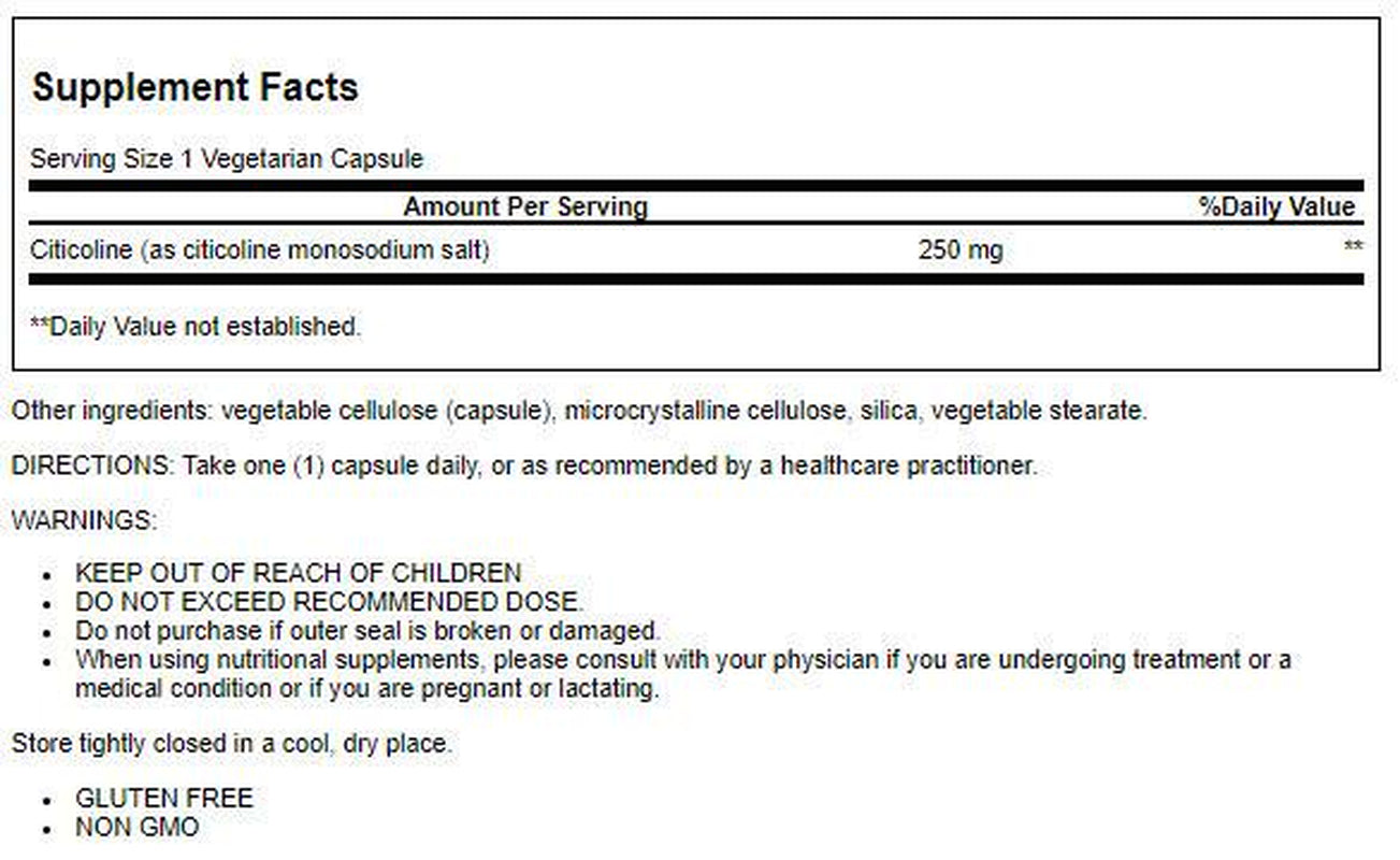 Citicoline (Cdp-Choline) - Citicoline Supplement for Brain & Cognitive Health, Focus, Attention, Memory Function - Non-Gmo, Gluten Free, Vegetarian - 60 Capsules
