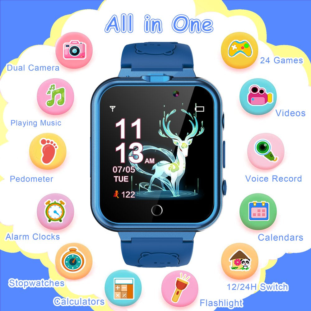 Kids Game Smart Watch for Boys Girls,Smart Wristwatch for Kids with 24 Games 5 Languages 3 Alarms 2 Cameras Music Torch Pedometer Calendar,Best Gifts for Children(Blue)