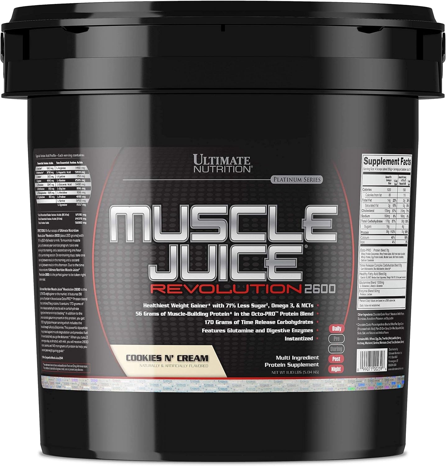 Muscle Juice Revolution 2600 Weight Gainer, Muscle Recovery with Glutamine, Micellar Casein and Time Release Complex Carbohydrates, Cookies N Cream Powder, 11.1 Pounds