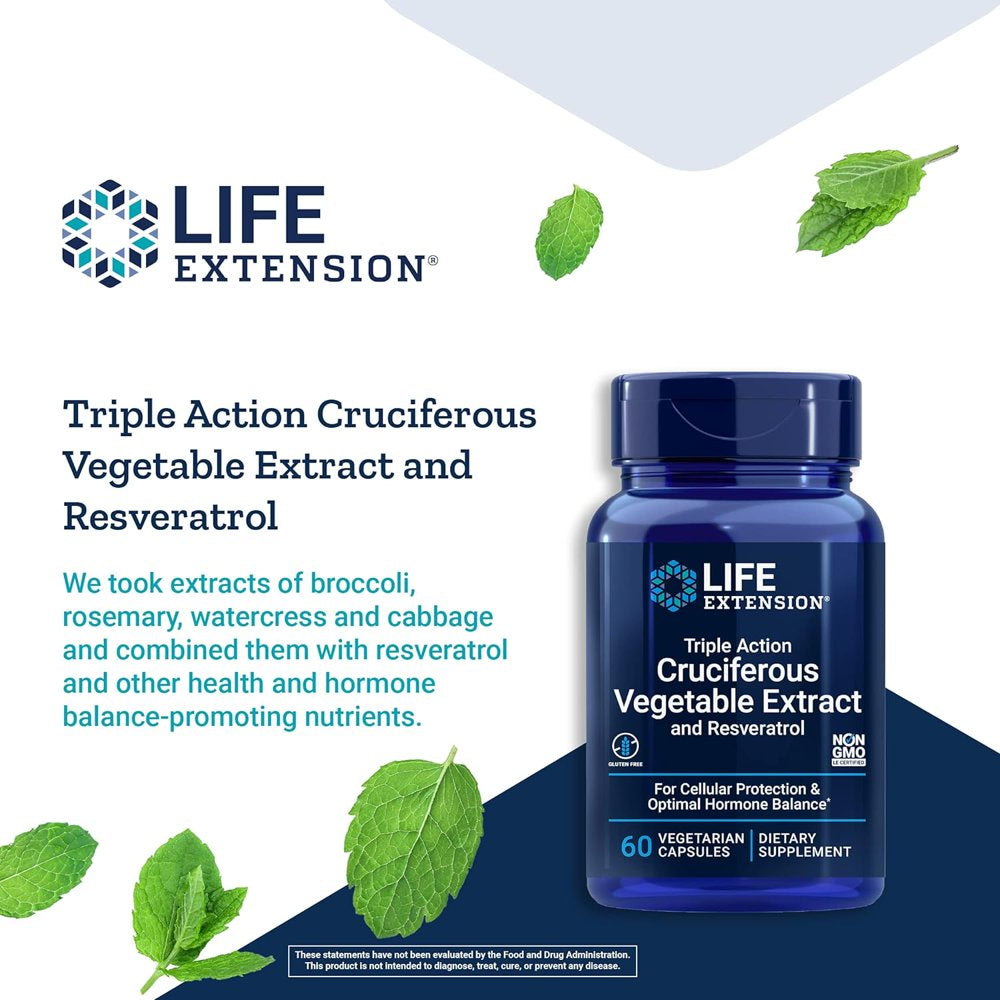 Triple Action Cruciferous Vegetable Extract & Resveratrol – Veggie Food Based Formula Supplement for Cellular Protection Support & Hormone Balance – Gluten Free – 60 Capsules