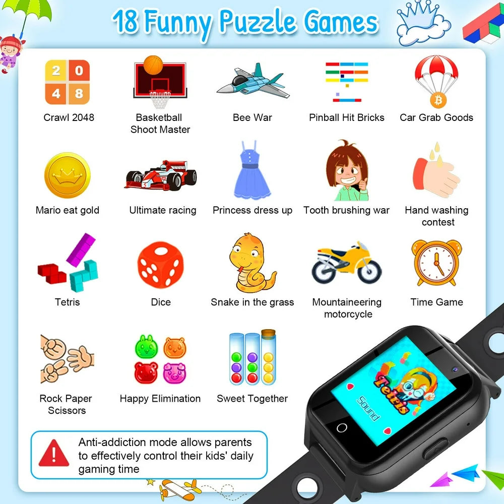 Kids Smart Watches with 18 Games Camera Video for Girls Digital Wrist Watch, Game Smart Watch, Touch Screen Watch with Camera, Time Learning Toy for Kids Gift (Black)"