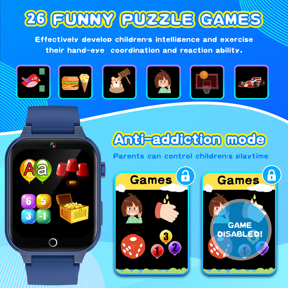 Kids Smart Watch for Boys 4-12 Years Old Birthday Gift,  Waterproof Educationals Smart Watch, Dual Camera, 24 Puzzle Games,Music Player, Toddler Watch Learning Toys(Blue)