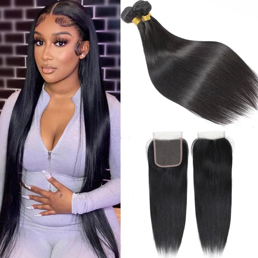 Bundles with Closure Brazilian Straight 3 Bundles with Closure Virgin 100% Unprocessed Human Hair Extensions 4X4 Free Part Lace Closure Natural Color (16 18 20+14)