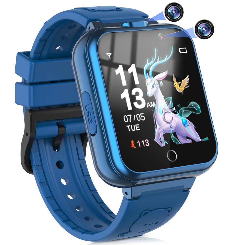 Kids Game Smart Watch for Boys Girls,Smart Wristwatch for Kids with 24 Games 5 Languages 3 Alarms 2 Cameras Music Torch Pedometer Calendar,Best Gifts for Children(Blue)