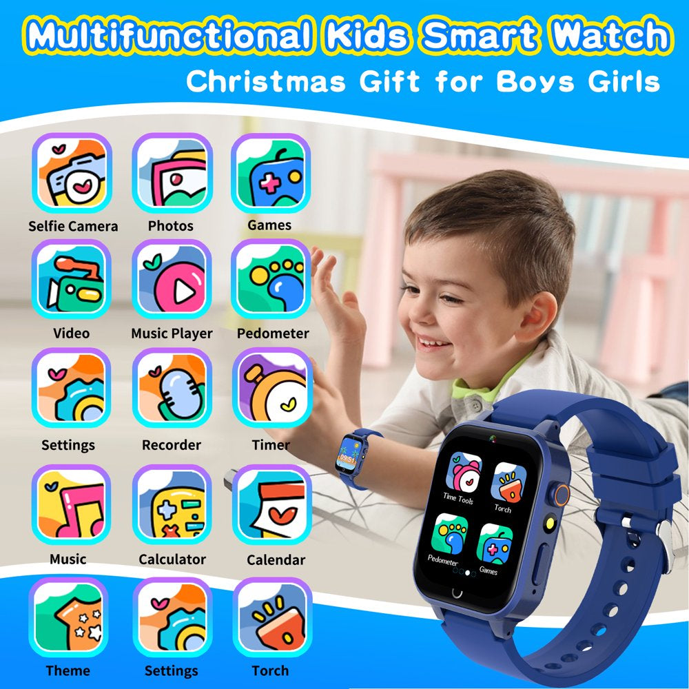 Kids Smart Watch for Boys 4-12 Years Old Birthday Gift,  Waterproof Educationals Smart Watch, Dual Camera, 24 Puzzle Games,Music Player, Toddler Watch Learning Toys(Blue)