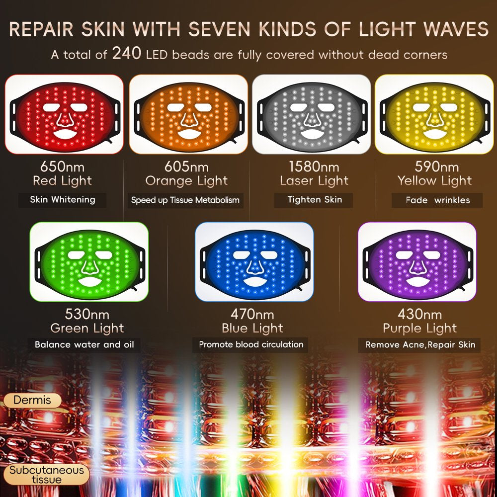 Led Face Mask Light Therapy, 7 Colors LED Facial Mask Anti-Aging Reduce Fine Lines and Wrinkles Tightening Skin for Women Home Travel