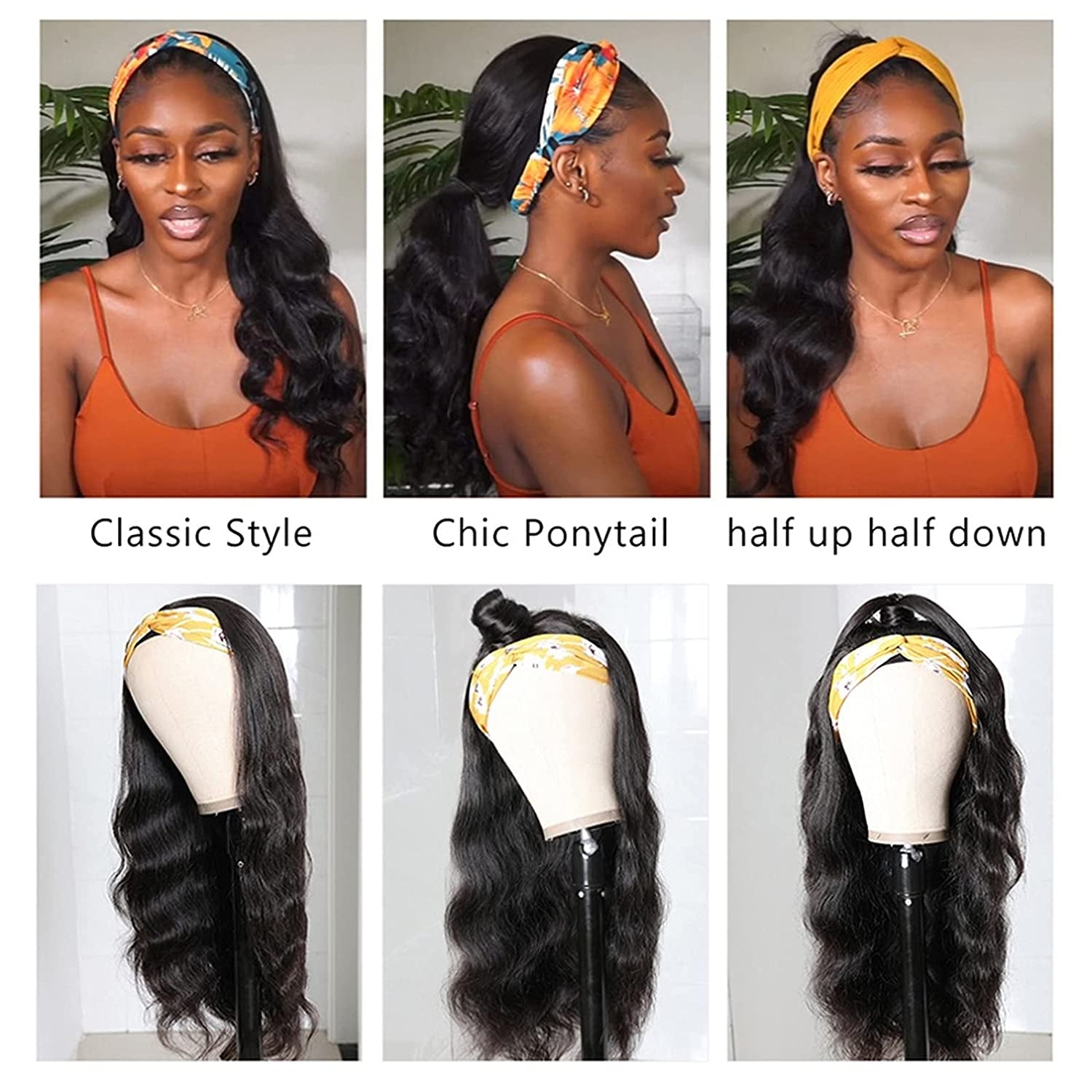 Headband Wigs for Black Women Body Wave Headband Wig Human Hair Wigs Brazilian Virgin Hair Wear and Go Glueless Wigs Human Hair Headband Wig 150% Density (18" Headband Wigs)