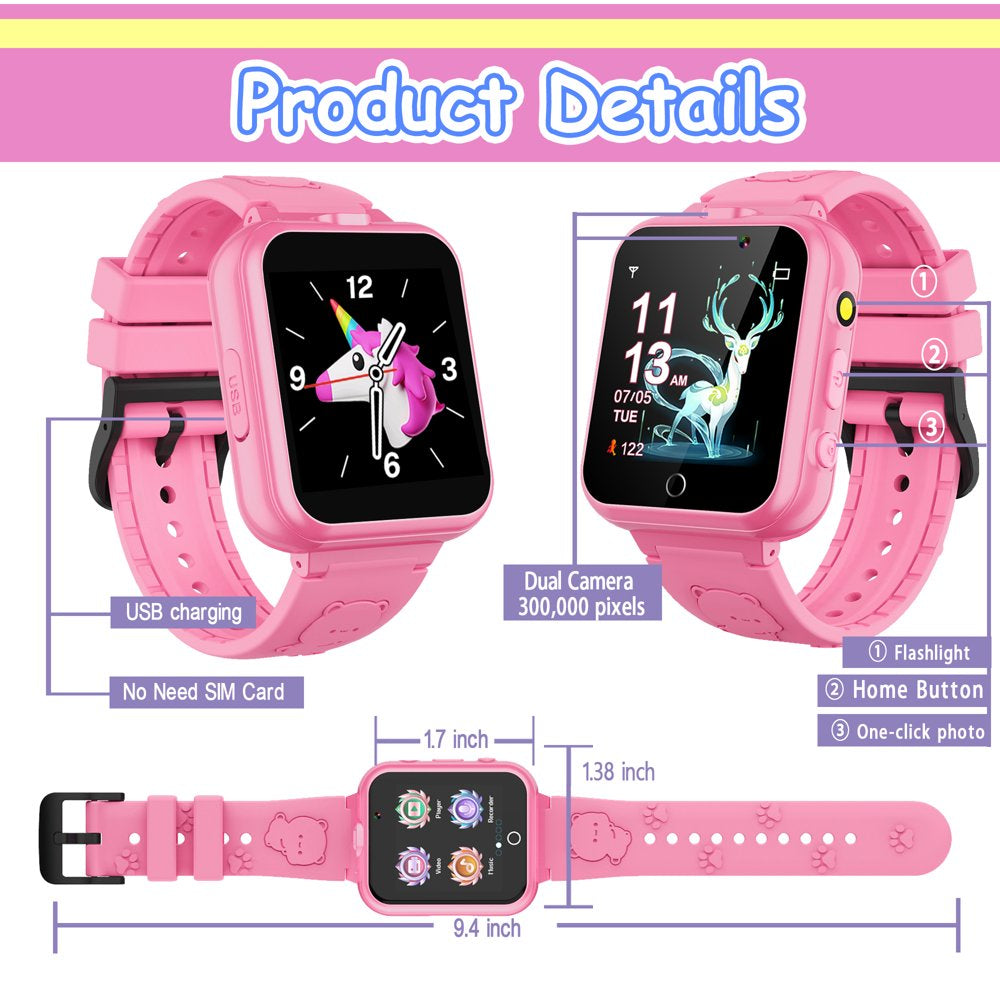 Kids Game Smart Watch for Boys Girls,Smart Wristwatch for Kids with 24 Games 5 Language 3 Alarms 2 Cameras Music Torch Pedometer Calendar,Best Gifts for Children(Pink)