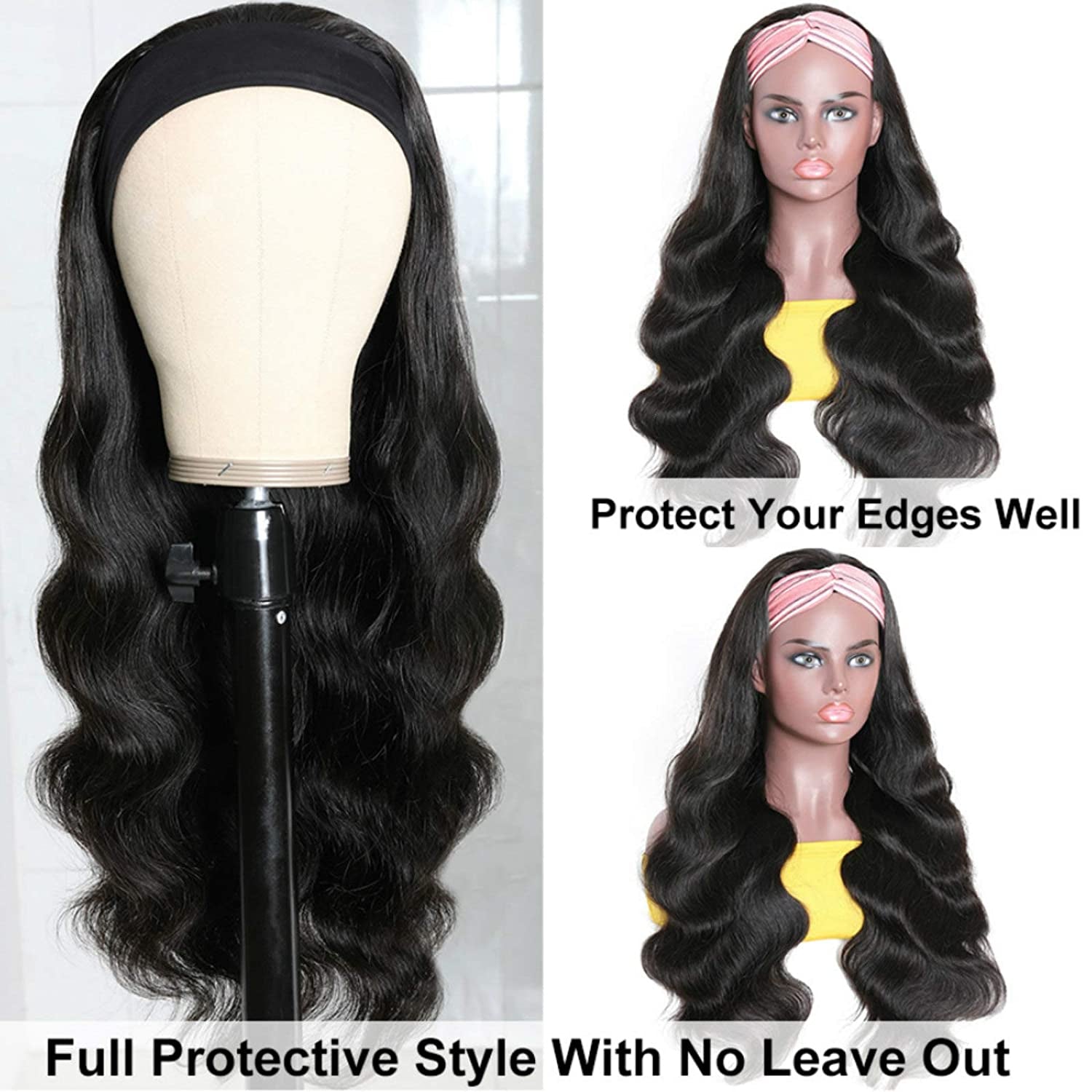 Headband Wigs for Black Women Body Wave Headband Wig Human Hair Wigs Brazilian Virgin Hair Wear and Go Glueless Wigs Human Hair Headband Wig 150% Density (18" Headband Wigs)