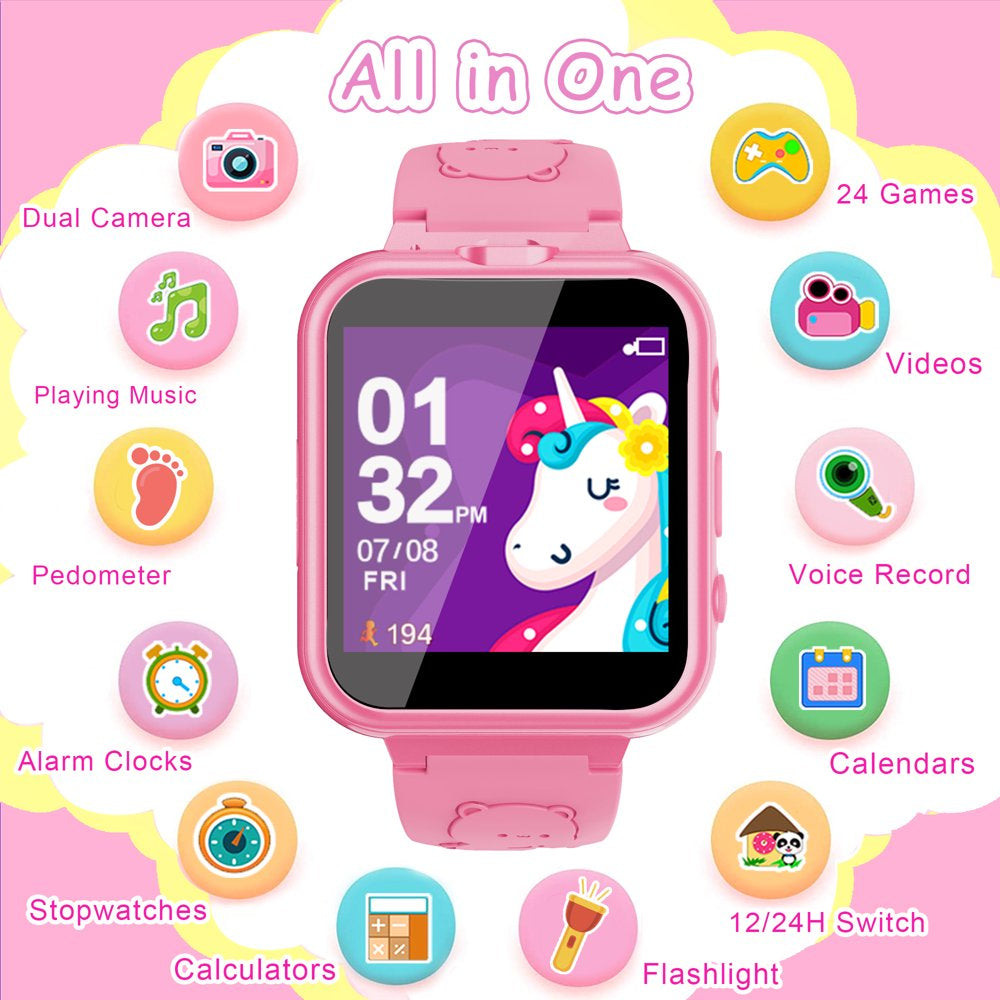 Kids Game Smart Watch for Boys Girls,Smart Wristwatch for Kids with 24 Games 5 Language 3 Alarms 2 Cameras Music Torch Pedometer Calendar,Best Gifts for Children(Pink)