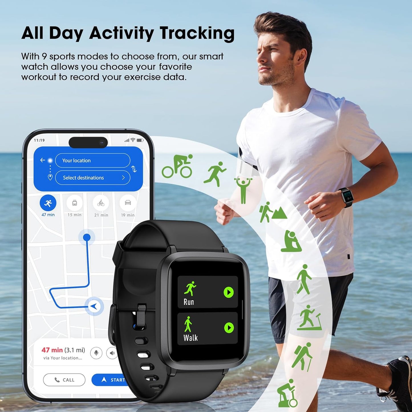 Smart Watch, Touchscreen Fitness Tracker with Heart Rate & Spo2 Monitor, Sleep Tracking, IP68 Waterproof Pedometer Smartwatch Compatible with Iphone and Android Phones for Women Men