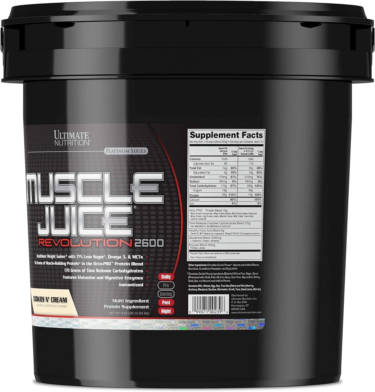 Muscle Juice Revolution 2600 Weight Gainer, Muscle Recovery with Glutamine, Micellar Casein and Time Release Complex Carbohydrates, Cookies N Cream Powder, 11.1 Pounds