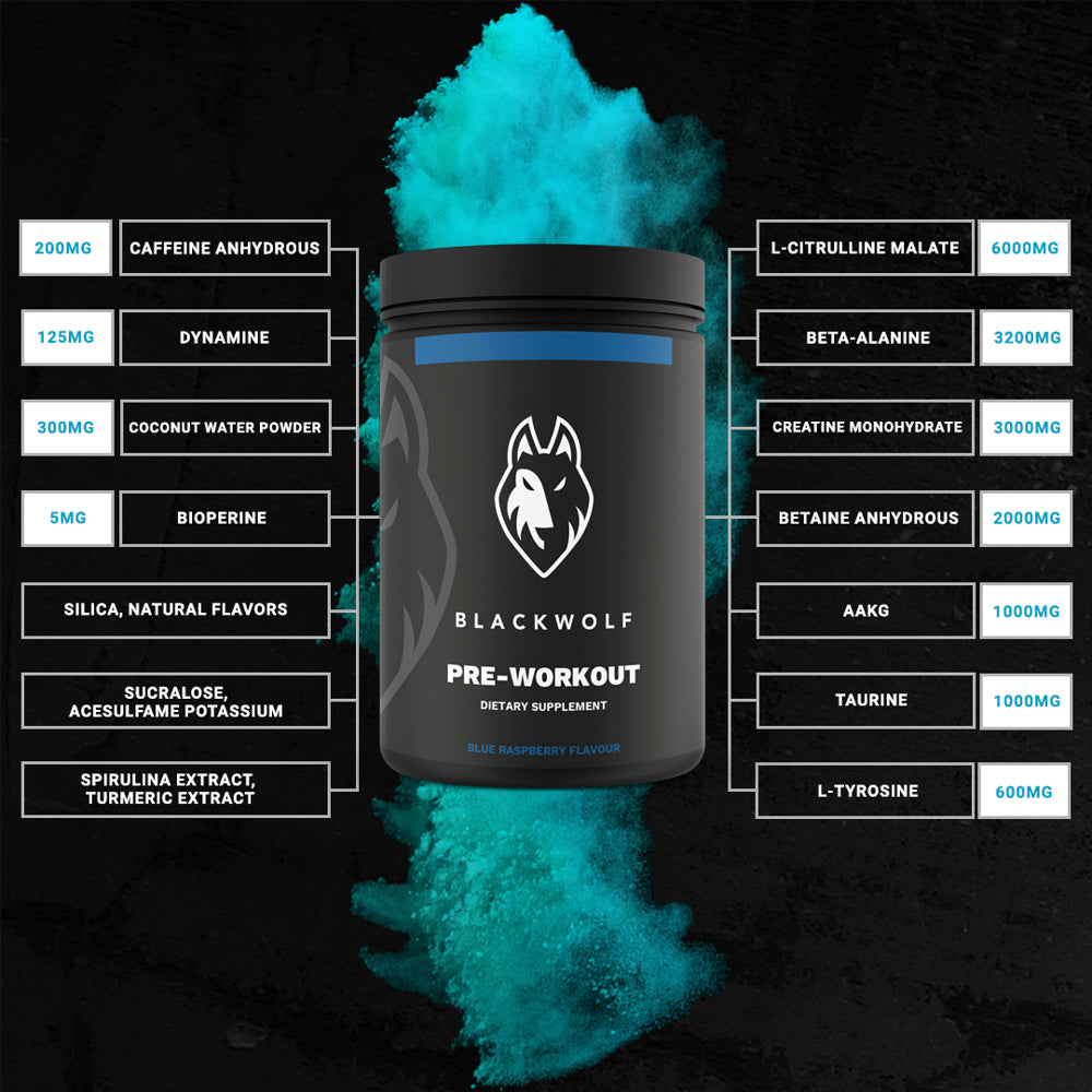 Blackwolf Pre Workout Powder Blue Raspberry, Caffeine, L-Citrulline & Amino Acids, 22 Servings