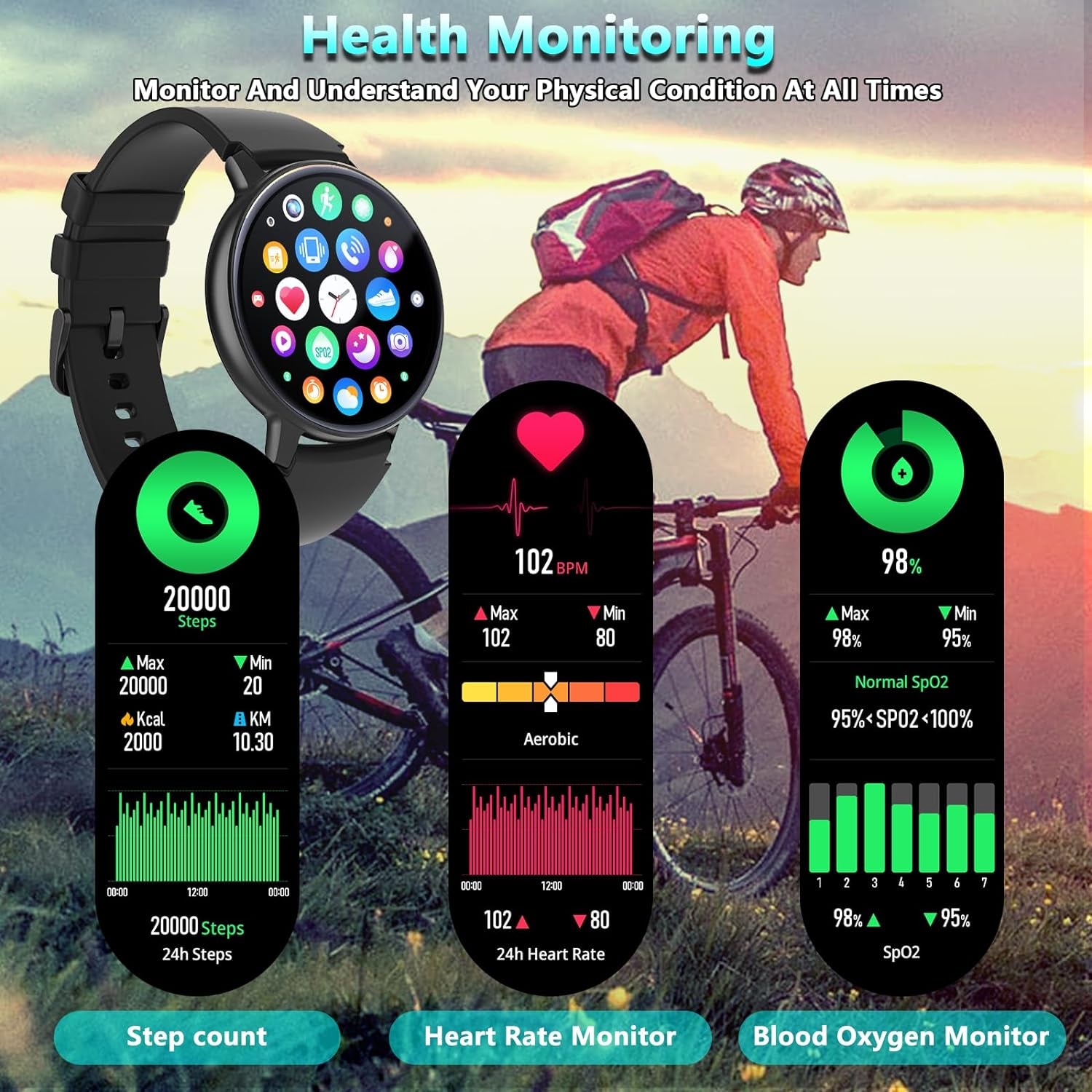 Smart Watch, (Answer/Make Calls) Fitness Tracker for Women Men 100+Sport Modes Fitness Watch with Sleep Heart Rate Monitor, Pedometer, IP68 Waterproof Activity Smartwatch for Ios Android Smartwatch