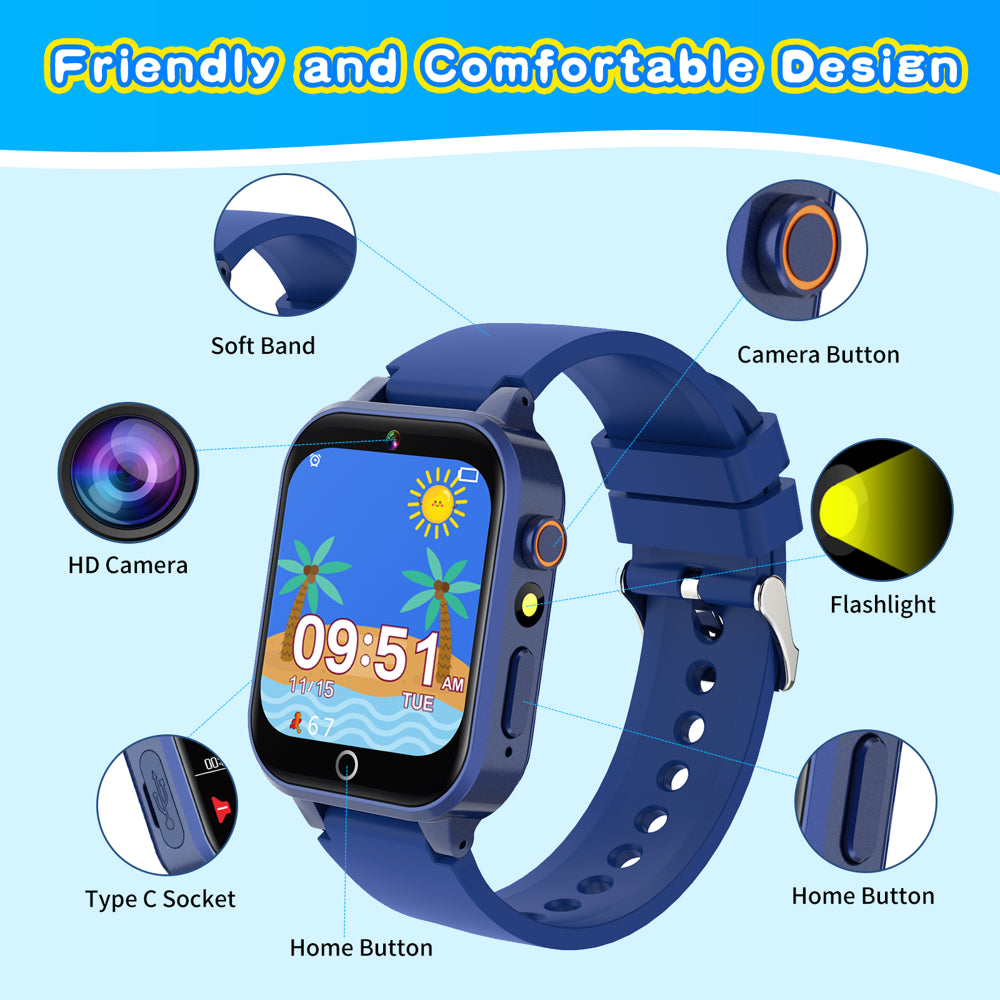 Kids Smart Watch for Boys 4-12 Years Old Birthday Gift,  Waterproof Educationals Smart Watch, Dual Camera, 24 Puzzle Games,Music Player, Toddler Watch Learning Toys(Blue)